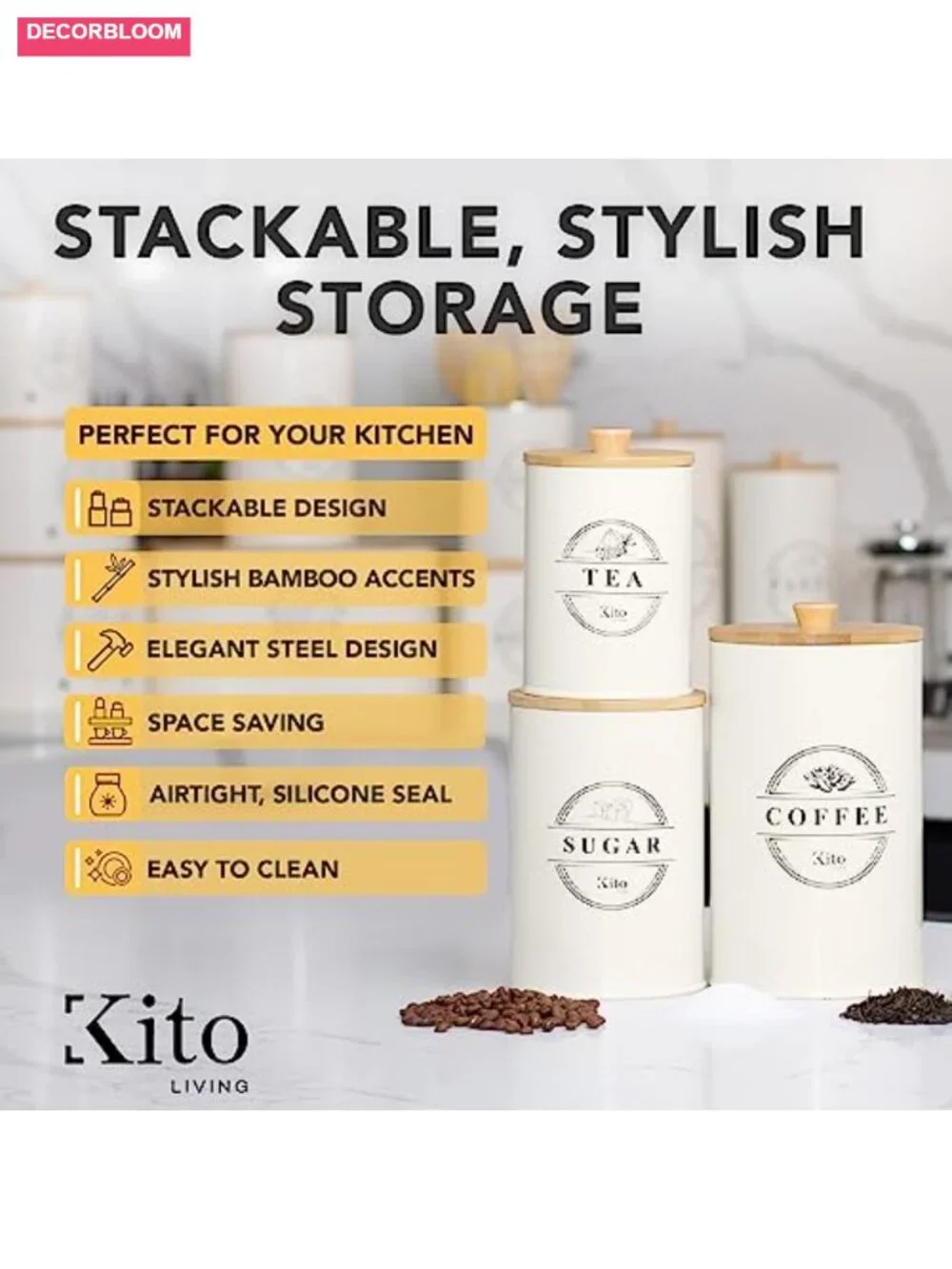 Airtight Tea Coffee Sugar Canister Set Stackable Steel Bamboo Lids